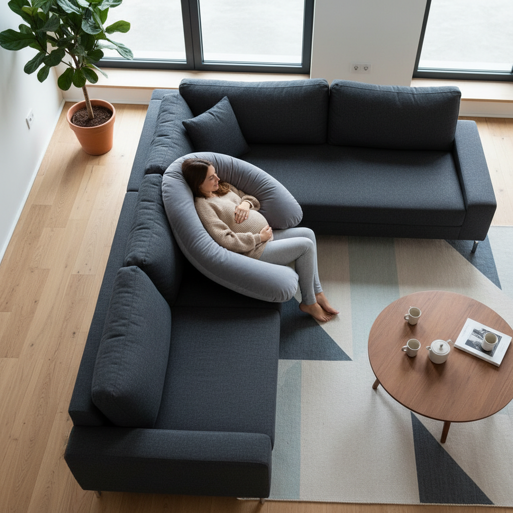 Overhead J-curve dark couch