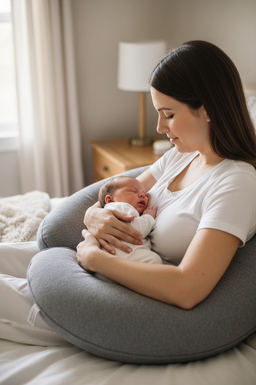 Mother nursing with J-shaped pillow