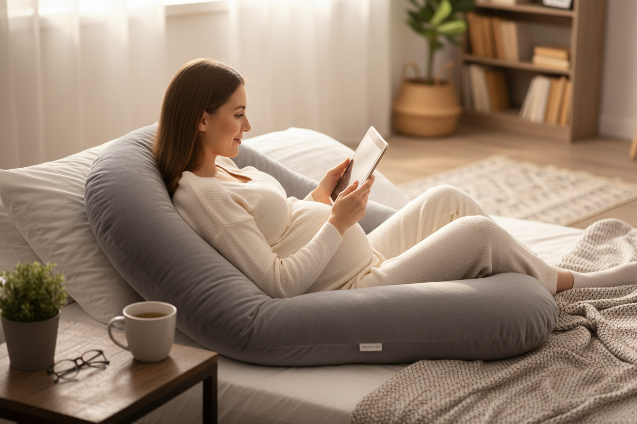 Pregnant woman lounging with J-shaped pillow